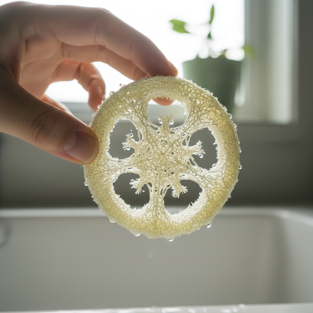 Hand-cut loofah slice backlit by sunlight