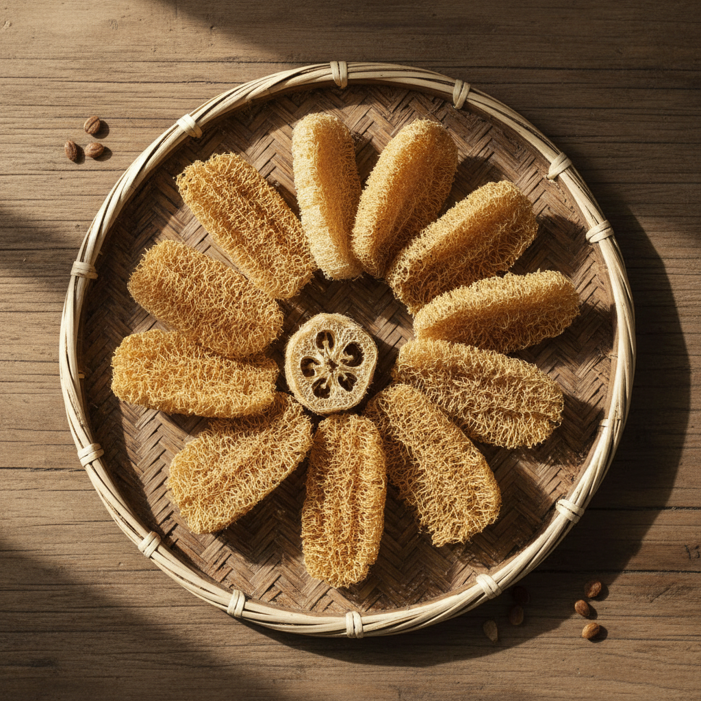 Dried loofahs on bamboo tray