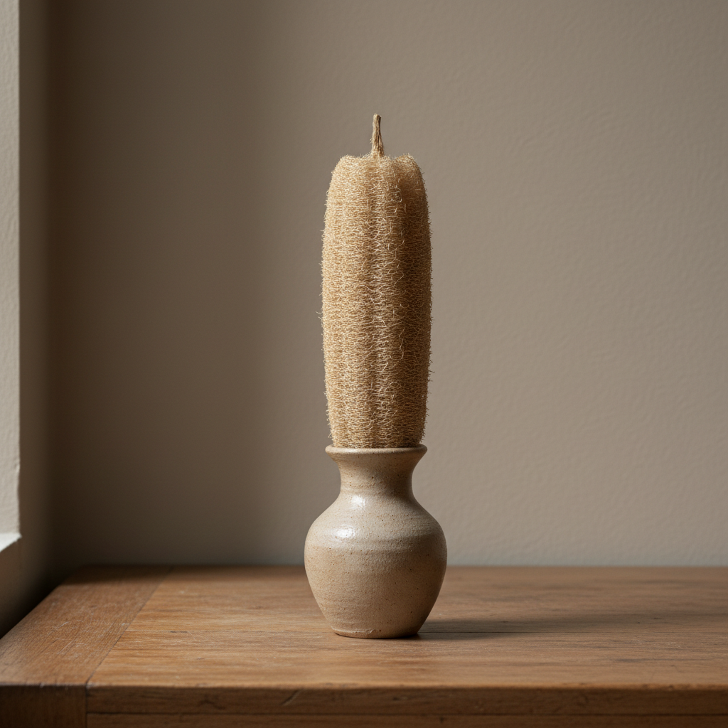 Whole cylindrical loofah in ceramic vase