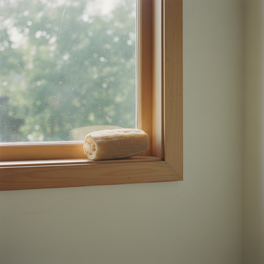 Loofah drying on a sunlit windowsill