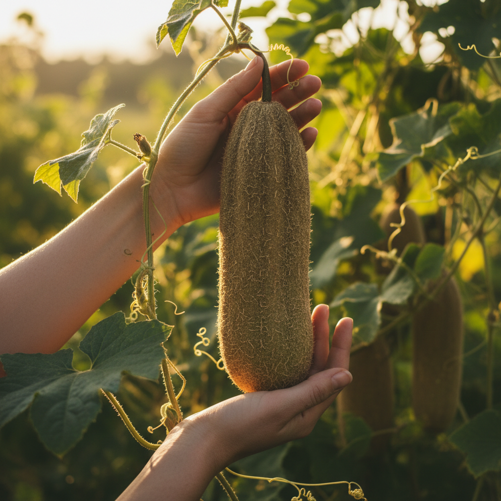 Fresh loofah gourd being harvested by hand