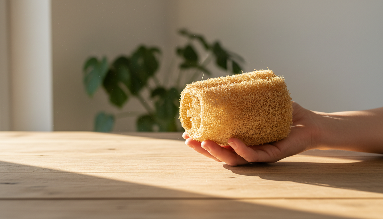 A dried loofah sponge held in a hand over a wooden surface