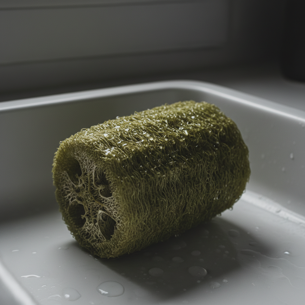 Wet loofah after scrubbing dishes