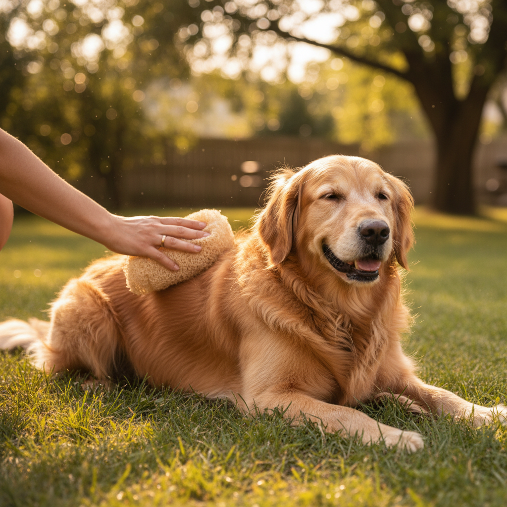 Using a loofah to gently brush a dog's coat