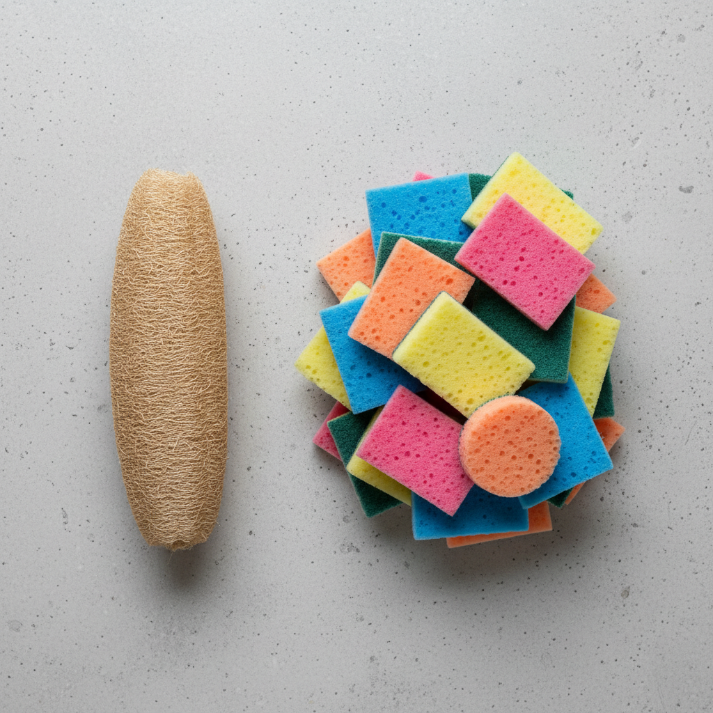 Dried loofah next to disposable plastic sponges