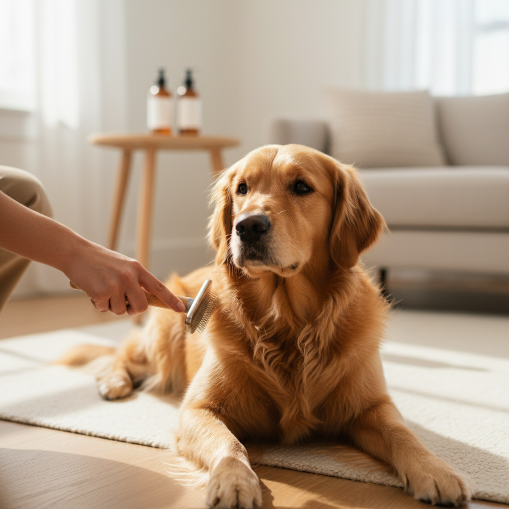 Person grooming a dog with a dry loofah slice